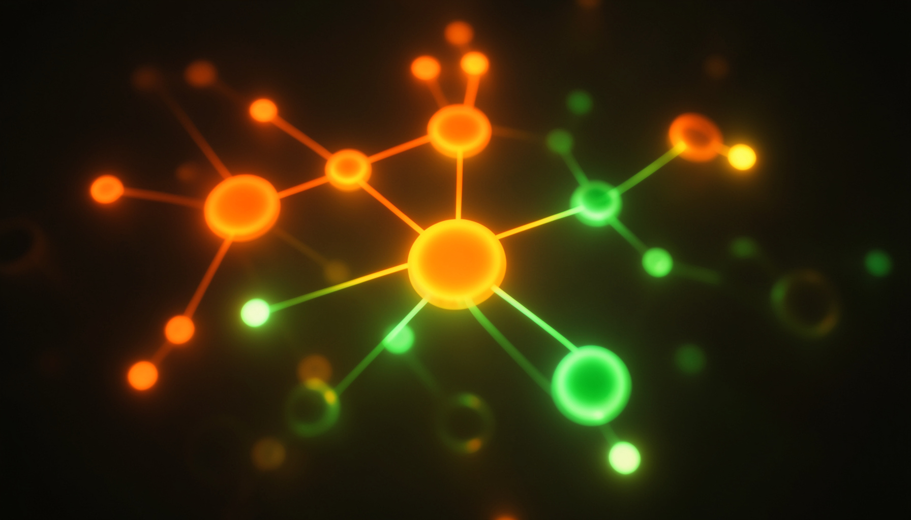 Warm abstract illustration of connected community nodes glowing in orange and green tones